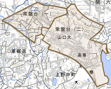 常盤台とその周辺の地図。町の範囲を重ねている