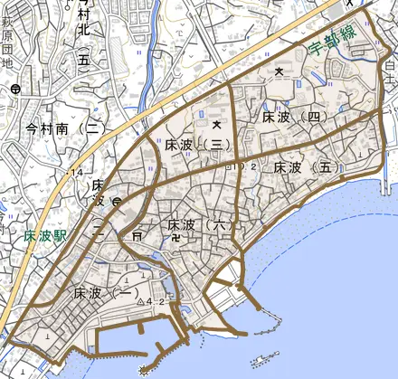 床波とその周辺の地図。町の範囲を重ねている