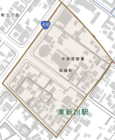 常藤町とその周辺の地図。町の範囲を重ねている