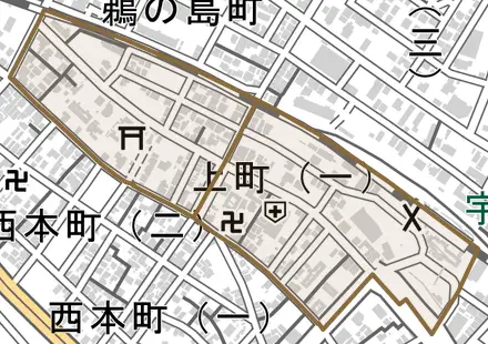 上町とその周辺の地図。町の範囲を重ねている