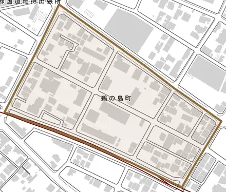 鵜の島町とその周辺の地図。町の範囲を重ねている