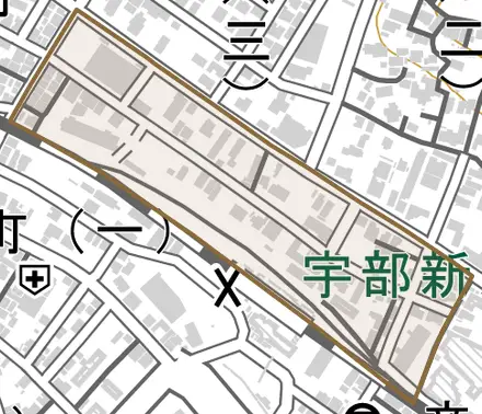 若松町とその周辺の地図。町の範囲を重ねている