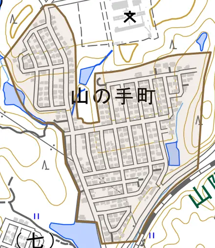 山の手町とその周辺の地図。町の範囲を重ねている