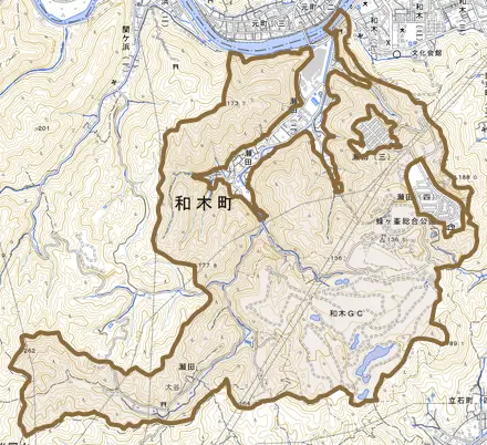 大字瀬田とその周辺の地図。町の範囲を重ねている