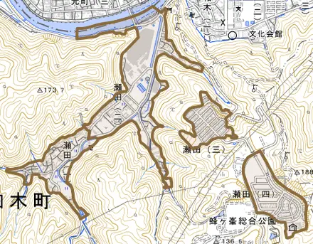 瀬田とその周辺の地図。町の範囲を重ねている