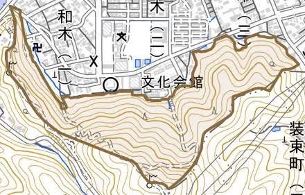 大字和木とその周辺の地図。町の範囲を重ねている