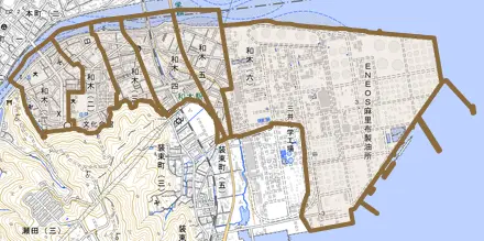 和木とその周辺の地図。町の範囲を重ねている