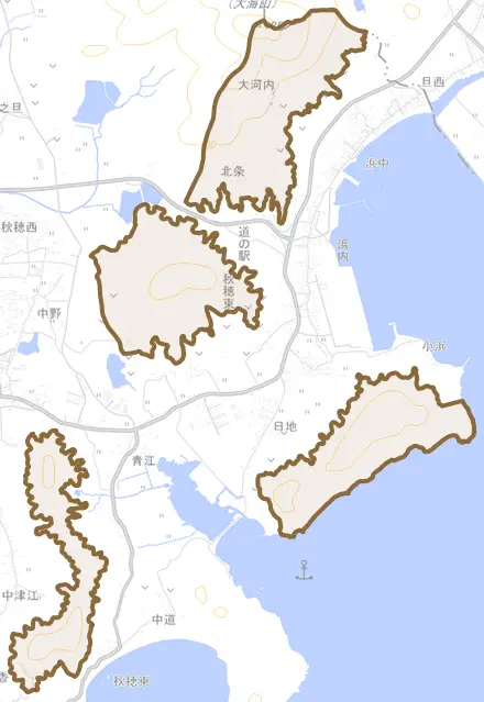 秋穂東とその周辺の地図。町の範囲を重ねている
