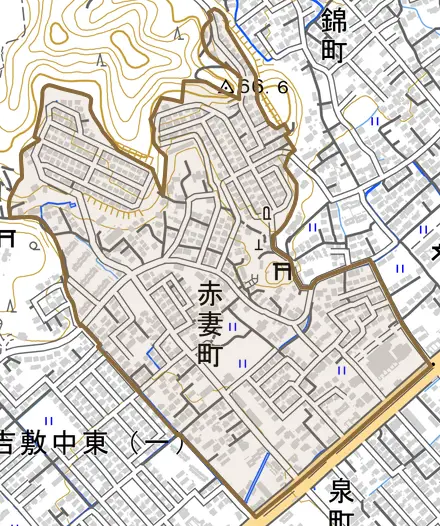 赤妻町とその周辺の地図。町の範囲を重ねている