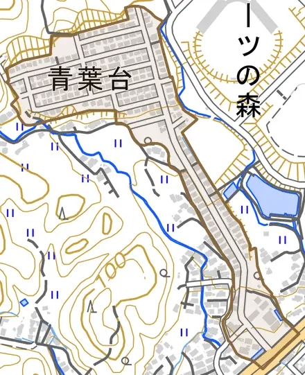 青葉台とその周辺の地図。町の範囲を重ねている