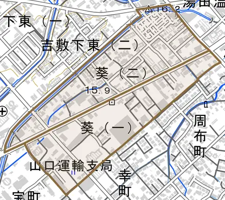 葵とその周辺の地図。町の範囲を重ねている