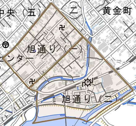 旭通りとその周辺の地図。町の範囲を重ねている