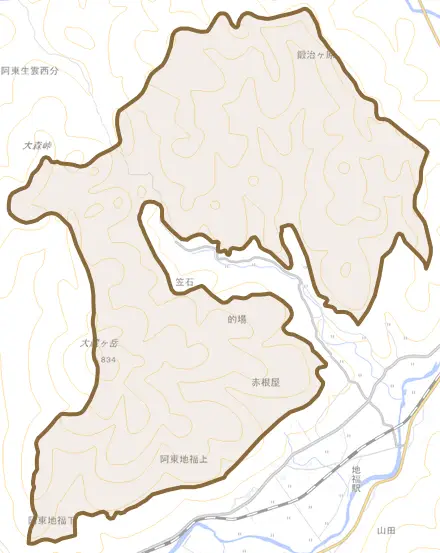 阿東地福上とその周辺の地図。町の範囲を重ねている