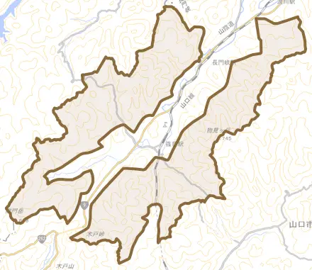 阿東篠目とその周辺の地図。町の範囲を重ねている