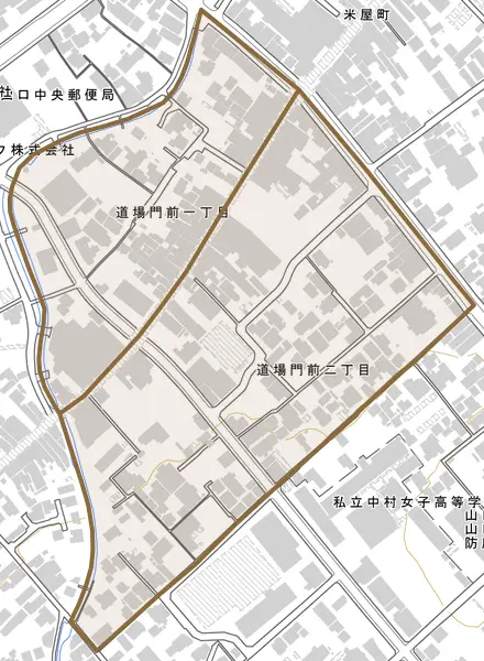 道場門前とその周辺の地図。町の範囲を重ねている
