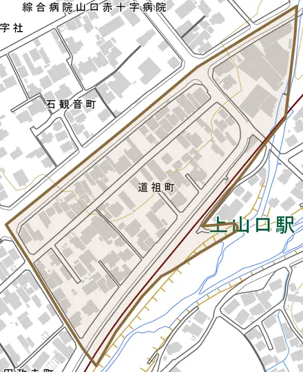道祖町とその周辺の地図。町の範囲を重ねている