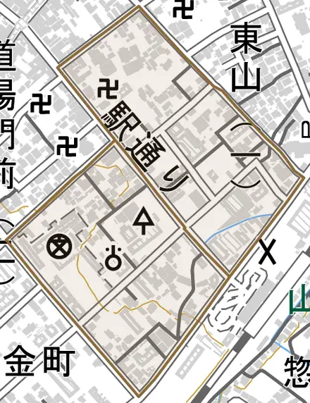 駅通りとその周辺の地図。町の範囲を重ねている