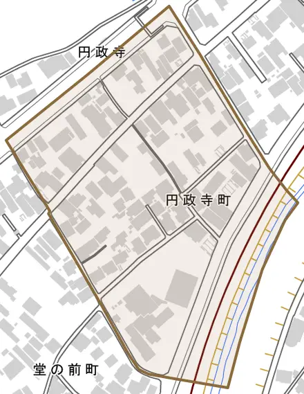 円政寺町とその周辺の地図。町の範囲を重ねている