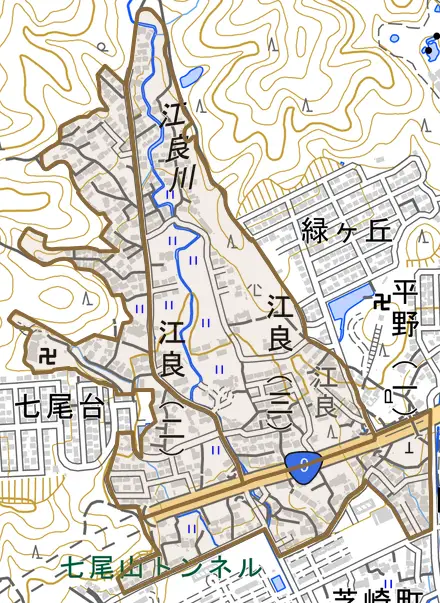 江良とその周辺の地図。町の範囲を重ねている