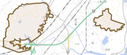 江崎とその周辺の地図。町の範囲を重ねている