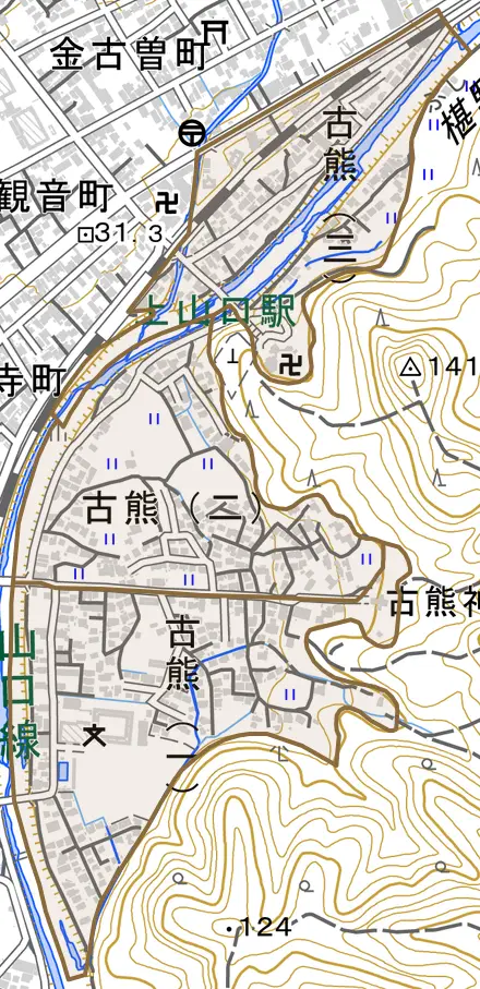 古熊とその周辺の地図。町の範囲を重ねている