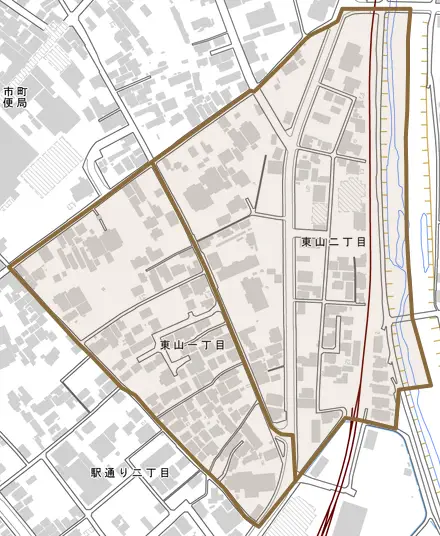 東山とその周辺の地図。町の範囲を重ねている