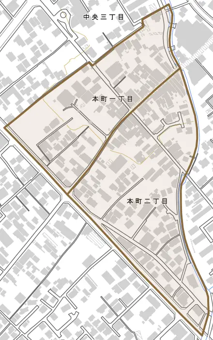 本町とその周辺の地図。町の範囲を重ねている