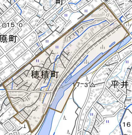 穂積町とその周辺の地図。町の範囲を重ねている