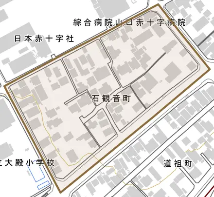 石観音町とその周辺の地図。町の範囲を重ねている