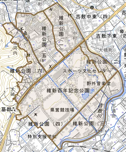 維新公園とその周辺の地図。町の範囲を重ねている