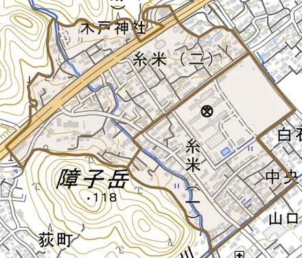 糸米とその周辺の地図。町の範囲を重ねている
