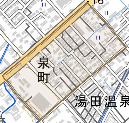 泉町とその周辺の地図。町の範囲を重ねている