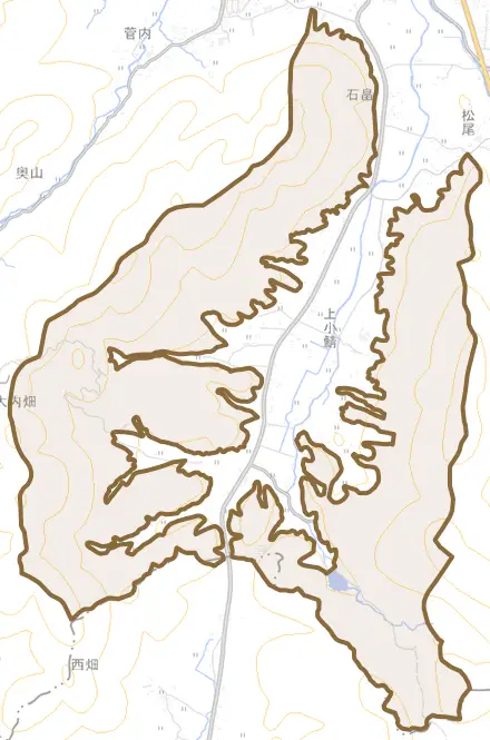 上小鯖とその周辺の地図。町の範囲を重ねている