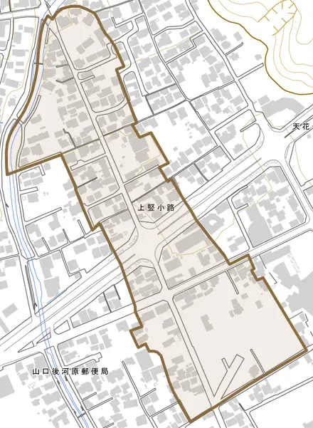 上竪小路とその周辺の地図。町の範囲を重ねている