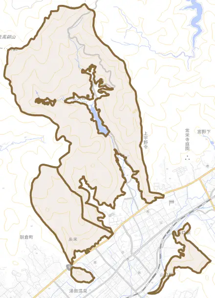 上宇野令とその周辺の地図。町の範囲を重ねている