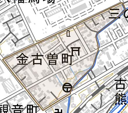 金古曽町とその周辺の地図。町の範囲を重ねている