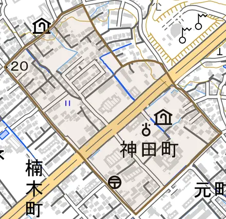 神田町とその周辺の地図。町の範囲を重ねている