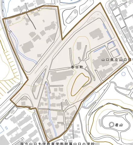 春日町とその周辺の地図。町の範囲を重ねている