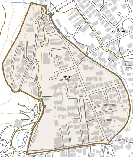 木町とその周辺の地図。町の範囲を重ねている