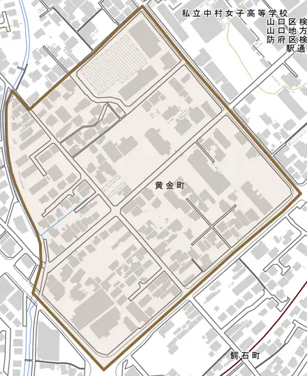 黄金町とその周辺の地図。町の範囲を重ねている