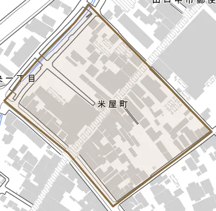 米屋町とその周辺の地図。町の範囲を重ねている