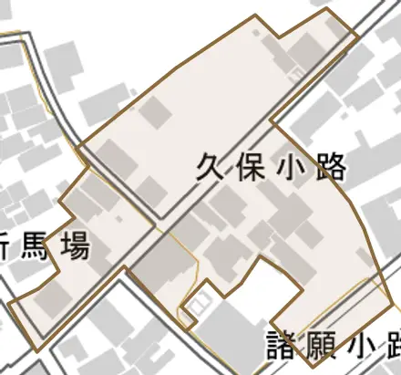 久保小路とその周辺の地図。町の範囲を重ねている