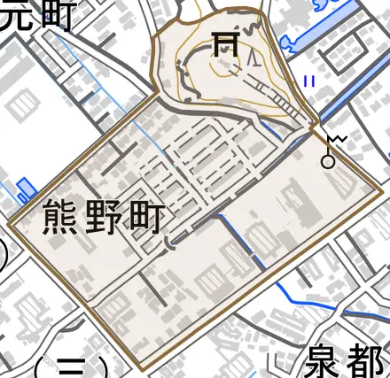 熊野町とその周辺の地図。町の範囲を重ねている
