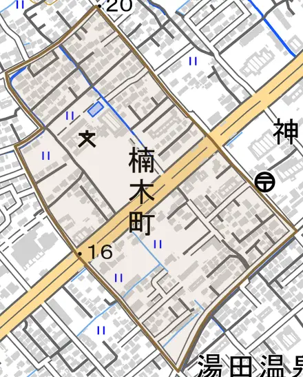 楠木町とその周辺の地図。町の範囲を重ねている