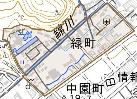 緑町とその周辺の地図。町の範囲を重ねている