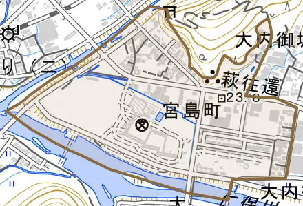 宮島町とその周辺の地図。町の範囲を重ねている