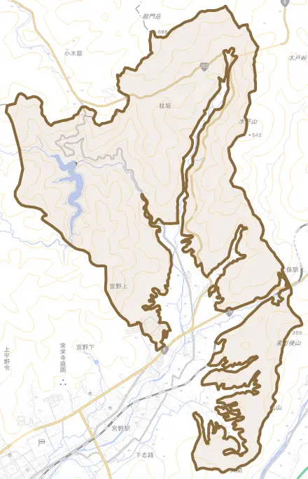 宮野上とその周辺の地図。町の範囲を重ねている