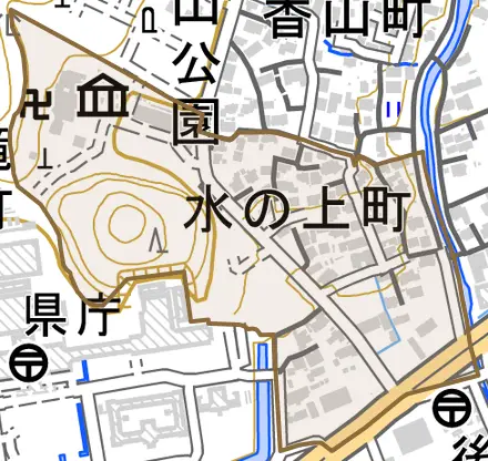 水の上町とその周辺の地図。町の範囲を重ねている