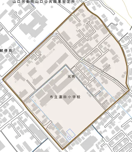 元町とその周辺の地図。町の範囲を重ねている