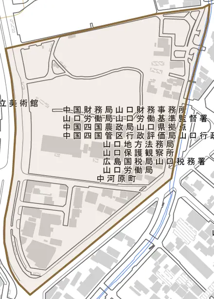 中河原町とその周辺の地図。町の範囲を重ねている